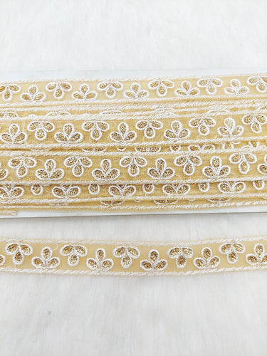 Wholesale Beige Net Lace Trim Floral Embroidery & Glitter Gold Sequins, Indian Wedding Border, Gifting Ribbon Costume Trim Fashion Trimming